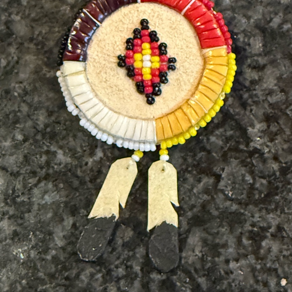 Native American MedicineWheel Pin Colorful Beaded & Porcupine Quills